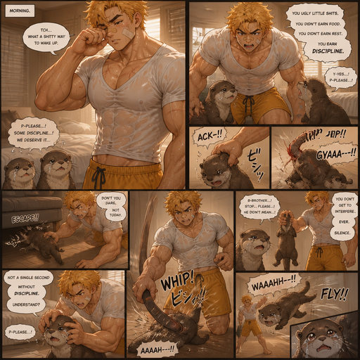 Structures and Young Adult BARA CUTE that is Peach Toned skin not anything else MALE not to detailed Wit h bigger than average Pecs that a re visible through the shirt and Biceps and a big Bandaid on his nose and Left Cheek and Right Eye brow with Scars all over his Chest and arms. Wearing a White Baggy Top that is tight around the waist and Athletic shirt drenched in sweat and Short and yellowish orange Hair and Bright Gold Fluffy Hair and Strait with brown eyes and black eyebrows with a Three finger Slash on his Eyebrow. With no Facial Hair. Waking up in the morning in pajamas and his Ugly pet Otter twins but Excessively bully’s them. there are is discipline. and asks for some and the looses a tail and tries to run under the couch but stops him. And the otter Receives discipline that. And the otter(his twin) just watching and tries to help but is denied. And he goes flys, and lands wrong. The brother that tried to help and the one getting disciplined screamed his name and cried but then silenced. And He sees his twin