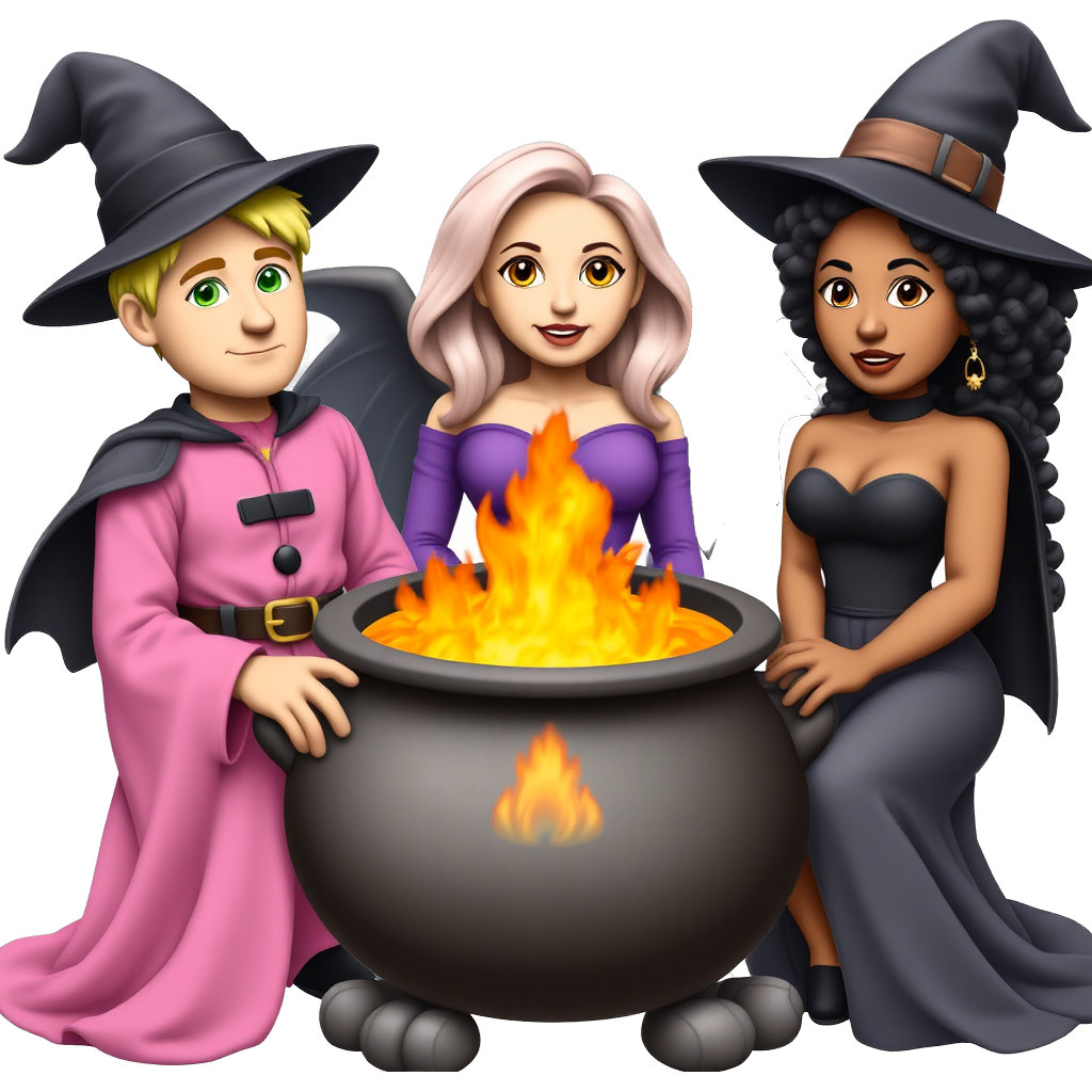 three witches around a rainbow flame in a cauldron, one is a man with strawberry blonde hair wearing pink with green eyes, one is a busty brunette girl with brown eyes wearing purple, one is a tan girl with black curly hair wearing black