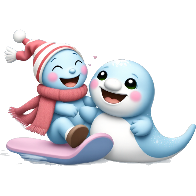 Spheal in a stylish winter scarf, joyfully sliding on a frozen lake, while Luvdisc, adorned with shimmering sequins, glides gracefully beneath the ice, forming heart shapes in the water. Their friendship sparkles with laughter and warmth amidst a frosty wonderland, creating a magical scene of love and fun.
