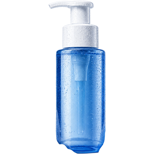 A premium facial cleanser pump bottle with soft white cleansing foam, tiny water droplets, glossy 3D icon style, elegant minimal aesthetic, white and blue color palette, realistic skincare packaging, centered composition, transparent background, no people, no text, no labels.