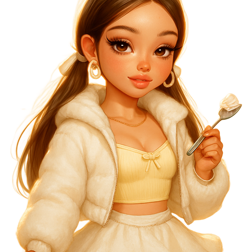 luxury glossy bratz-anime romantic aesthetic, warm cinematic glow, crisp clean detail, glossy glam skin. brown eyed Petite girl, fair skin with soft freckles, long wide face with tall forehead, honey-golden almond wide-set upturned eyes, fluttery lashes, shimmer highlight, plush lips, bottom heavy lip, sweet Belle-princess vibe, long straight brunette hair with visible light blonde highlights, softly defined feminine body, soft hourglass shape with full round bust, whipped cream curling on spoon’s edge, butter-yellow ribbed cami with top satin mini bow detail peeking under white fur hooded puffy bomber jacket, golden chain detail beneath, white micro-fur trimmed bubble skirt fluttering in motion, cream sneakers with butter-toned accents and gum sole; sleek low pigtails tied with ribbons matching her hoodie, layers falling soft around face, subtle halo effect from sunlight; makeup: feathery lashes, coral blush melted into skin, lips sheer peach gloss; pearl hoops swing gently, faint glow of a gold bracelet catching sunlight as she lifts her spoon. Cozy romantic glow, soft warm lighting, pop-princess energy