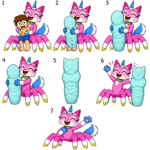 unikitty drider hybrid happy pink cat drider anthro furry boy with blue and white tail white wrists blue hands white ankles yellow tips on spider legs green collar blue unicorn horn based on unikitty transformation grabbing kid in blue shorts and 2 wrapping around kid in blue shorts whole body 3 and head completely covered 4 wrapped up think layers of light cyan spider slik cocoon shaped like kid behind back with #B8FFFF spider slik wrappings completely covered with thick layers non-transparent #B8FFFF spider slik wrappings 5 wrapped up and mummified fully covered in a #B8FFFF spider slik cocoon shaped like anthro cat furry boy anthro with arms behind back with #B8FFFF spider slik wrappings completely covered with thick layers non-transparent #B8FFFF spider slik wrappings 6 happy anthro furry pink cat drider with blue and white tail white wrists blue paws white ankles yellow tips on spider legs green collar blue unicorn horn based on unikitty emerges from its wrapped up and mummified fully covered in a #B8FFFF spider slik cocoon shaped like anthro cat furry boy anthro with arms behind back with #B8FFFF spider slik wrappings completely covered with thick layers non-transparent #B8FFFF spider slik wrappings 7 happy anthro furry pink cat drider with blue and white tail white wrists blue paws white ankles yellow tips on spider legs green collar blue unicorn horn based on unikitty