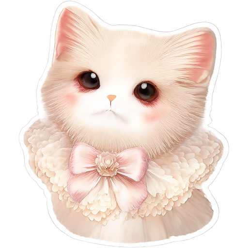 Create a sticker: a cat in a lace collar with a bow, looking up with an innocent expression. Palette: beige-pink, soft shadows, gold highlights on the collar. Transparent background, style - cute semi-realism with detailed wool.
