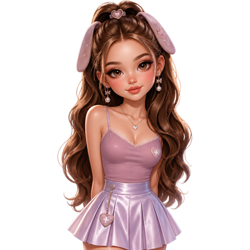 semi-realistic soft cartoon luxury glam, mini plush Bratz-doll aesthetic, cinematic glow, crisp clean detail, glossy glam skin. brown eyed Petite 5ft girl, fair skin with soft freckles, wide face with tall forehead, honey-brown almond wide-set upturned eyes, fluttery lashes, shimmer highlight, plush lips, bottom heavy lip, sweet Belle-princess vibe, long straight brunette hair with visible caramel highlights, wearing a pastel mauve fitted camisole with scalloped trim, a pale lavender satin mini skirt with soft pleats and delicate structure, pearl-drop earrings, floppy ear-inspired hair accessories, soft nurse-like heart details, hair in glossy long curls with a sweet half-up style, makeup with soft mauve shimmer lids, rosy blush, luminous skin, and a glossy pink-nude lip, posing with cute caring energy and a sweet polished smile