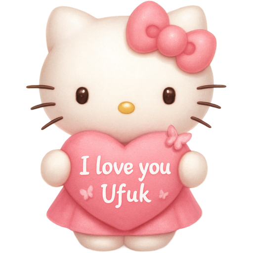 The Hello Kitty character is dressed in a cute pink dress, holding a pink heart with the text “I love you Ufuk” written on it. The text is in a delicate, white font. Around the heart, small pink butterflies are fluttering and glowing gently. Hello Kitty is surrounded by little golden stars, and in the background, there’s a soft pastel rainbow light effect. The overall design is very sweet, romantic, and charming, with an emoji-like feel. This design combines the cuteness of Hello Kitty with a warm, loving atmosphere!