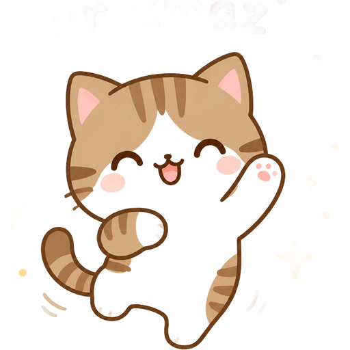 A brown and white striped cat smiling dancing, with words “your amazing” above! sparkles around, the image should be similar to mochi cat,