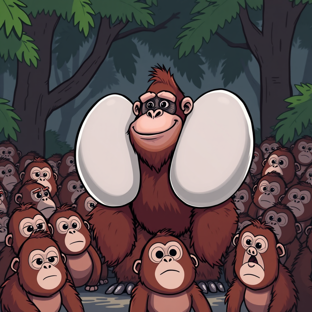 Draw an orangutan with the biggest flanges ever! Make the flanges so big that they’re bigger than the rest of his body. Make the flanges so unbelievably massive that they put even Gigantopithecus to shame! Draw the orangutan with a big smile standing in front of a crowd of amazed orangutans.