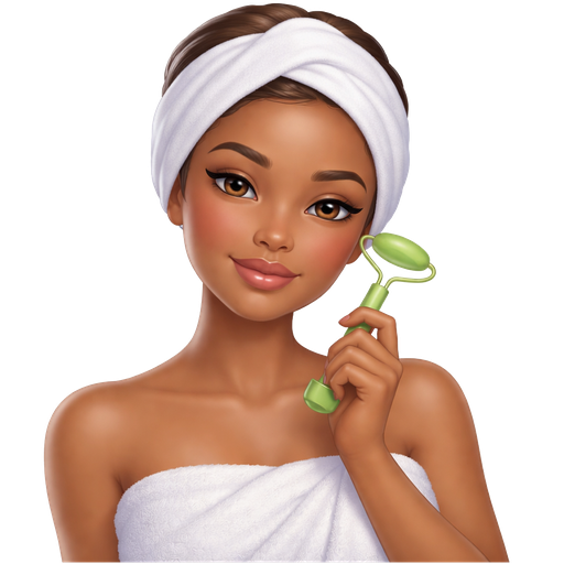 a light skin black woman in a white towel wrap and white headband, holding skincare or jade roller, chill expression, soft lighting