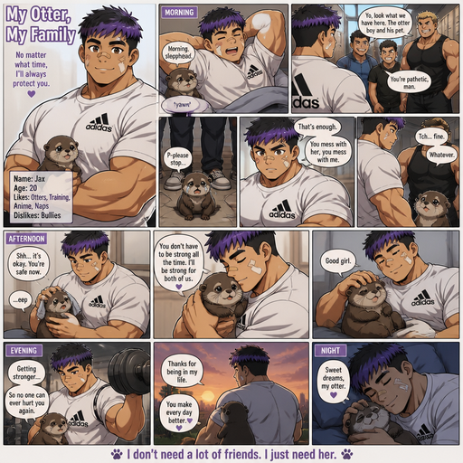 A Full page Anime Comic book story about of a masculine and Bulky ANIME Cute Bara Man American 20 year old with a ROUND and BASIC facial structure and TENAGE BARA CUTE MALE not to detailed With bigger than average Pecs that are visible through the shirt and Biceps and a big Bandaid on his nose and Left Cheek and Right Eye brow. Wearing a no piercings Baggy White Adidas Athletic shirt and Short and Purple Hair and Bright Purple Hair Tips and Strait with brown eyes and black eyebrows. Protecting his otter. Through out different points of the day. It cries Cause Bigger Guys and Bully him, but he comforts her. Throughout the day.
