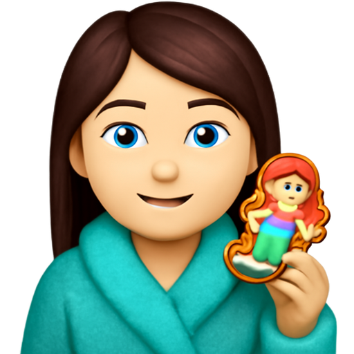 A woman with white skin, long dark brown hair (with a slight reddish tint), blue gray almond shaped eyes, a cute nose, a friendly smile, wearing a fluffy aqua colored robe, holding a little mermaid cookie