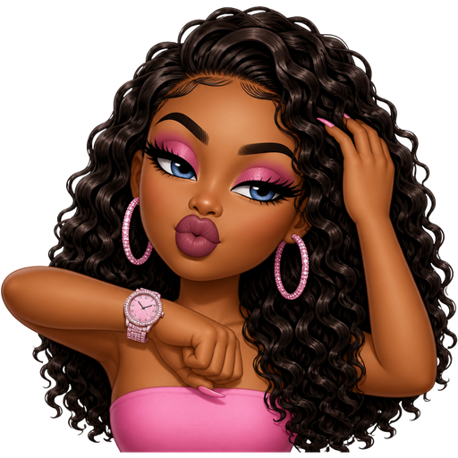 Big lips pink baddie lashes baddie hair doing the clock it with one hand and pushing her hair back with to e other one brown skin curly hair pink eyeshadow mauve lipstick blue eyes
