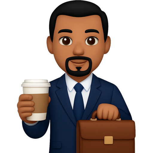 Create me a tan man with a goatee and straight short hair black hair in a navy business suit carrying a coffee and briefcase. No beard just the goatee under the chin