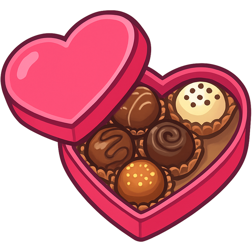 A classic heart shaped emoji but it’s a Valentine’s Day opened box of delicious milk, dark, and white chocolate truffles