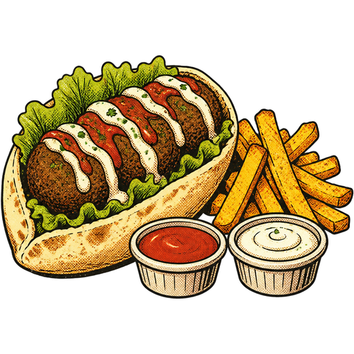 Falafel in pita with lettuce and red & white sauce, on the sidewith fries and two tubs of sauce red and white