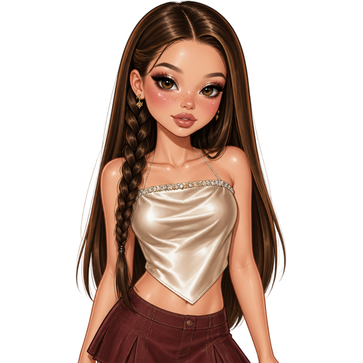 semi-realistic soft cartoon luxury glam, mini plush Bratz-doll aesthetic, cinematic glow, crisp clean detail, glossy glam skin. brown eyed Petite 5ft girl, fair skin with soft freckles, wide face with tall forehead, honey-brown almond wide-set upturned eyes, fluttery lashes, shimmer highlight, plush lips, bottom heavy lip, sweet Belle-princess vibe, long straight brunette hair with visible caramel highlights, wearing a champagne satin scarf-style top with a rhinestone neckline, a maroon low-rise mini skirt with pleated godet panels and tiny contrast stitching, gold earrings, hair in sleek straight hair with one thick side braid and polished ends, makeup with glittery champagne lids, bold black liner, mauve blush, glossy highlight, and a rosy nude lip