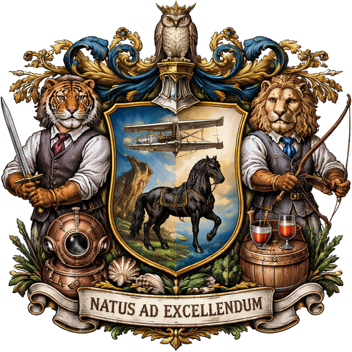 Create a medieval style coat of arms with the main elements of aviation (with the use of the original Wright flyer with no modern features added) and equestrian (with the use of a saddled black friesian horse). Secondary elements includes diving (with the use of a old style copper and brass diving helmet) and wooden barrel with a glass of wine and a glass of whiskey side by side on the barrel. Main components shall take up more space than secondary elements. Include an owl in the crest part of the coat of arms. Use an tiger holding a sword wearing a white shirt, a grey waistcoat and a burgundy tie and an armoured lion holding a bow and arrow wearing a white shirt, a grey waistcoat and a Persian blue tie as the shield supporter. Include the latin phrase “natus ad excellendum” in all caps as the motto on the bottom banner using the font gothic script