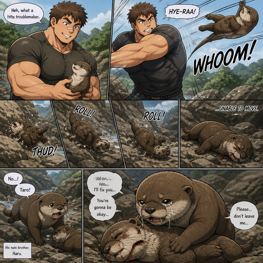 A DETAILED AND LIFELIKE ANIME Comic Book story view of a Bulky but Muscular ANIME Cute Bara Man With Peach toned skin Who looks Normal aind round facial Structure and Basic facial structure With Puffy and Big Pecs that are visible through the shirt and Biceps and Bandaid on his nose and Brown short hair. Wearing normal clothes. An otter and then he throws it at a rock, and it rolls down rocks and lays there unable to move. And the otter’s twin comes and the otter’s twin Try’s to take him and Fix him and make him better.
