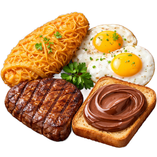 Steak and Fried Eggs with Shredded Hash-browns in the Shape of an Omelette with Nutella on a Piece of Toast with a Brown Plate Underneath