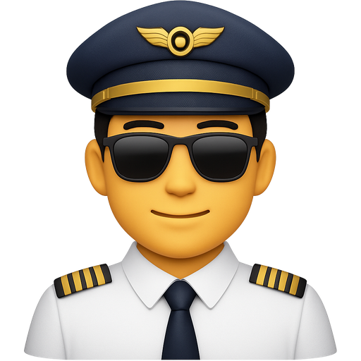 An Asian guy with pilot uniform and sunglasses, a pilot stripe badge with five yellow stripes on the shoulder