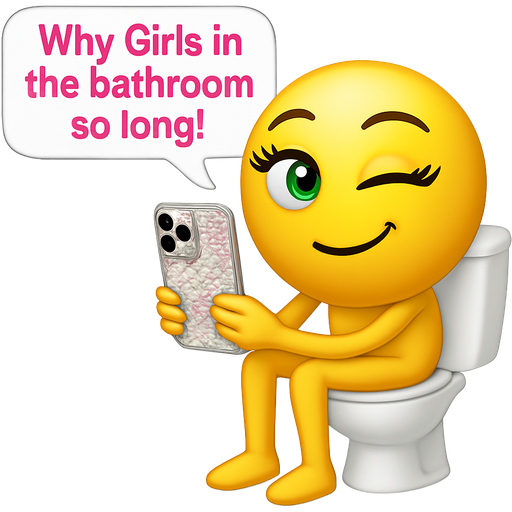 emoji with eyelashes, color of eyelashes, black eye color green. An emoji 😉 sitting on the toilet. Put white bubble 💬 and write inside bubble, Why Girls in the bathroom so long! Color of writing hot pink .so long have legs, arms, two hands, and neck and head, and is holding an iPhone 16 Pro Max that has a sparkling case with flowers with diamonds