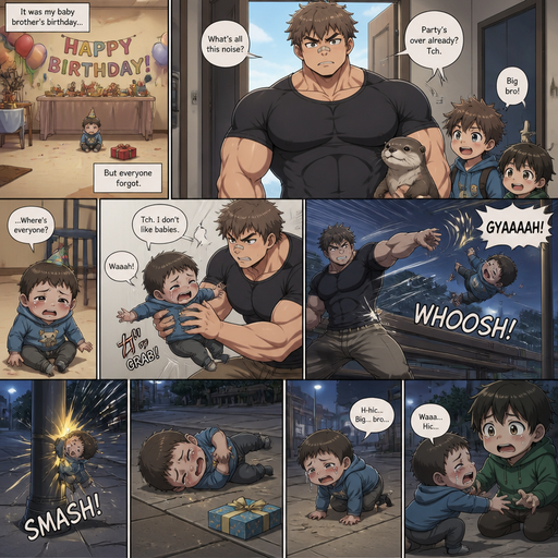 A DETAILED AND LIFELIKE ANIME Comic Book story view of a Bulky but Muscular ANIME Cute Bara Man With Peach toned skin Who looks Normal aind round facial Structure and Basic facial structure With Puffy and Big Pecs that are visible through the shirt and Biceps and Bandaid on his nose and Brown short hair that makes them look tough. Wearing normal With his pet Grown and healthy realistic otter and 2 little brothers that are in different ages but young. At the baby brother‘s birthday party And the baby on his birthday was left home alone with no one at his party And he doesn‘t like baby and picks the baby up and fly’s to the Bench and he doesn‘t like the baby. And the baby flies into the streetlight and drops his present and lays on his Side crying and limps to his other baby cause he was thrown and limps.