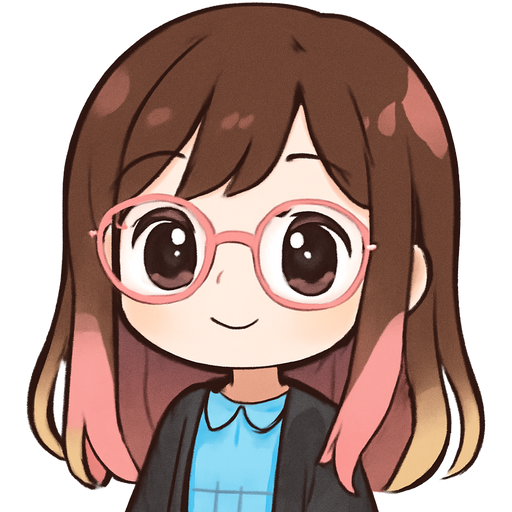 A white girl with long brown pink and blond hair, with brown eyes, light pink glasses, in a light blue dress with a black sweater