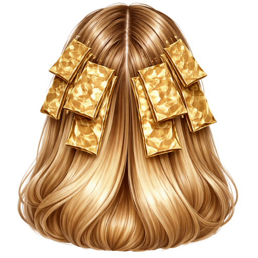 Ultra-realistic high-resolution emoji-style sticker of the back view of a head with long blonde hair sectioned neatly, with multiple shiny gold hair foils placed throughout while dye is processing. Smooth, glossy blonde strands with subtle dimension, precise clean partings, and evenly placed foils reflecting light with a crinkled metallic texture. Soft natural shine on the hair, professional salon finish. Luxury, spa-inspired aesthetic with crisp edges, sharp focus, and studio lighting.
