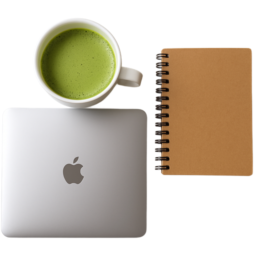 a cup of matcha sitting on the top left of a closed apple laptop computer with a notebook on the top right and aesthetic