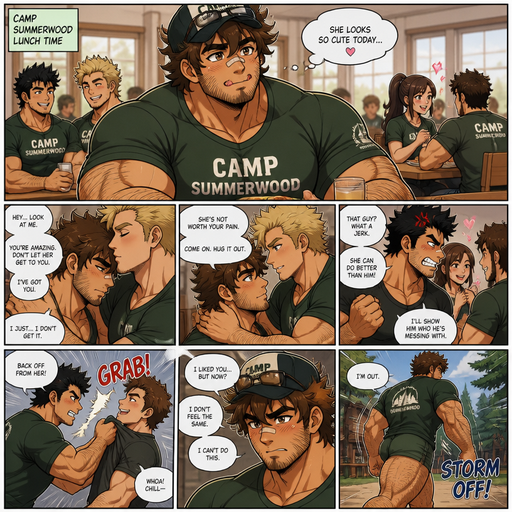 A ANIME Comic Book STORY of a Bulky but Muscular ANIME Cute Bara Man With Peach toned skin Who looks Normal and a huge and Masculine round facial Structure and Basic facial structure With Puffy and Big Pecs that are visible through the shirt and Biceps and Bandaid on his nose and Brown Spiky hair and His Hair Curls At the tip of strands. Wearing a camp T-shirt but no gear and short shorts with A Hat with glasses and has a Hairy body and looks very manly and Attractive and Hot. He‘s At a Lunch table with his friends. And looking at her looking cute and irresistible while he looks up and he licks his teeth and at his camp crush while at a different table with his friend and his best friend and him they look cute and Hot amazing but look the same but different hair color and the friend doesn‘t have facial hair. But he’s sad amd the friend pressed his forhead against his and encourages him and kisses his forhead. And tells his friend tells his to look at him hugs him. and his friend only is mad at the girl. And he Gets made at the guy she was flirting with and she likes him now but he doesn’t feel the same way and is mad her and storms off