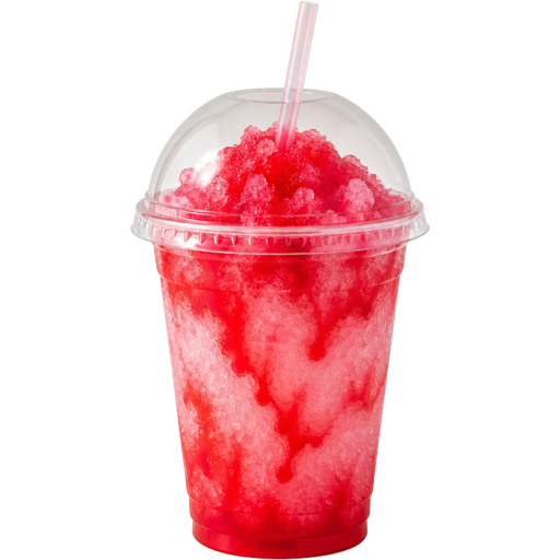 Valentine’s Day Shaved Ice Slushie in a Plastic Cup and Plastic Dome Lid with a Straw Mixed in with Extra Syrup