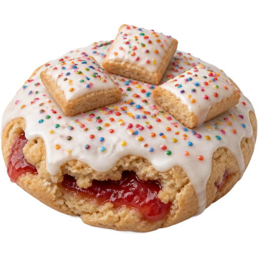 Cookie Filled and Baked in with Strawberry Preserves and Vanilla Icing On Top with Rainbow Sugar and Three Pop Tart Bites on Top