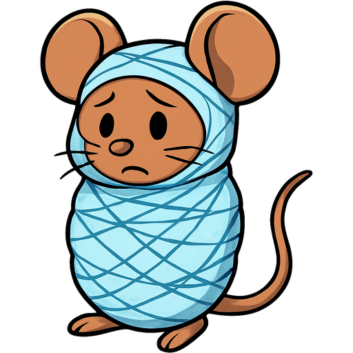 #B8FFFF cocooned body wrapped up head wrapped up face wrapped up ears wrapped up arms behind back wrapped up legs Wrapped tail sticking out brown mouse worried covered with thin coat of #B8FFFF webbing
