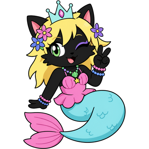 black cat furry with light yellow hair purple and blue flowers light cyan crown purple and green necklace pink and blue bracelets pink dress attached to long light cyan mermaid tail with pink tail fins based on moka stars in the trash
