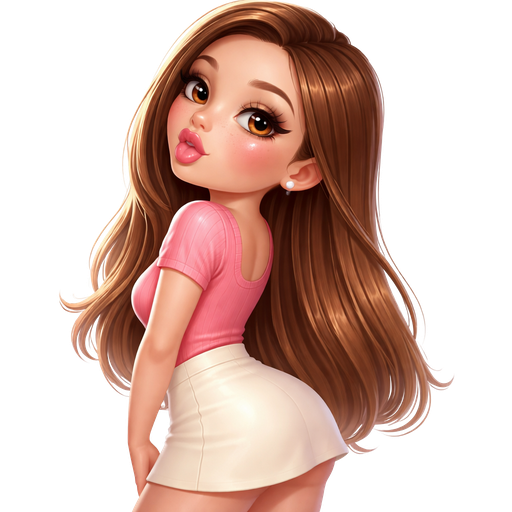 side view looking over shoulder blowing a raspberry with hair completely swept over shoulder: semi-realistic soft cartoon luxury glam, mini plush Bratz-doll aesthetic, cinematic glow, crisp clean detail, glossy glam skin. brown eyed Petite 5ft girl, fair skin with soft freckles, wide face with tall forehead, honey-brown almond wide-set upturned eyes, fluttery lashes, shimmer highlight, plush lips, bottom heavy lip, sweet Belle-princess vibe, long straight brunette hair with visible light blonde highlights, side-part hair all swept to the side over shoulder softly defined feminine body, full round bust, wearing fitted short-sleeve knit top in strawberry pink with a soft scoop neckline and subtle stretch, high-waisted A-line mini skirt in warm cream with gentle structure, sheer nude tights, ballet flats in blush. Cozy romantic glow, soft warm lighting, pop-princess energy
