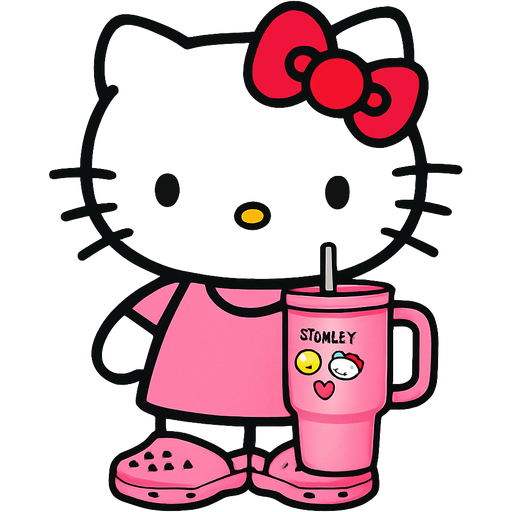 Hello kitty full body wearing crocs holding a pink Stanley drinking cup with a handle, straw and cute charms