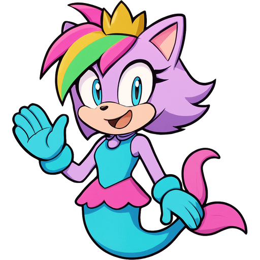sonic x style version light purple anthro cat smiling with pink and green and yellow hair blue green eyes golden crown with light purple necklace light cyan braclets cyan and blue dress with pink skirt attached to cyan mermaid tail with pink tail fins pink and cyan gloves sonic x style version