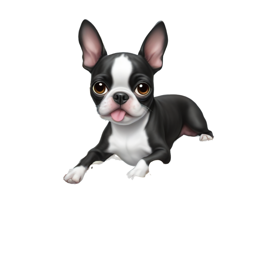 baby Boston terrier laying on a baby blue doggy bed wearing ducky pajamas playing with a rubber ducky having fun