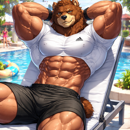 A Full BODY and FACE of Muscular and Buff and a Gigantically Muscular with Chunky Gigantic Pecs AND biceps and a BIGGER head with the Perfect Waist. VERY Masculine and handsome ANIME Animated Young Bara Furry Grizzly Bear with a VERY Good-looking, Detailed and Mature Face and brown eyes with a wrestler type body. In a White short Adidas Shirt and at a pool party at a Photo Shoot (modeling for a Clothing Brand). Stretching on a Lawn Chair