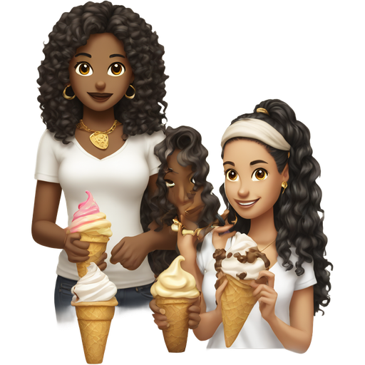 Two Girls with two ice creams and one of Them have Black Long curly hair and a White top and earrings gold necklace and a White top and the other Girl have Brown Long straight hair and a White top and gold earrings gold necklace