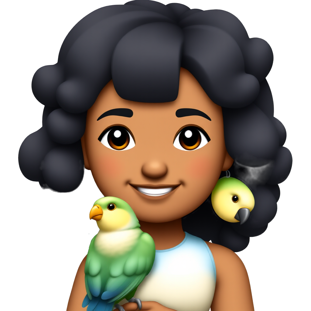 A smiling girl with a slightly dark complexion, with soft, curly hair, black hair that reaches below her shoulder length, beautiful eyebrows, and a bird on her shoulder, blue on the belly, green on the head, and white on the forehead.