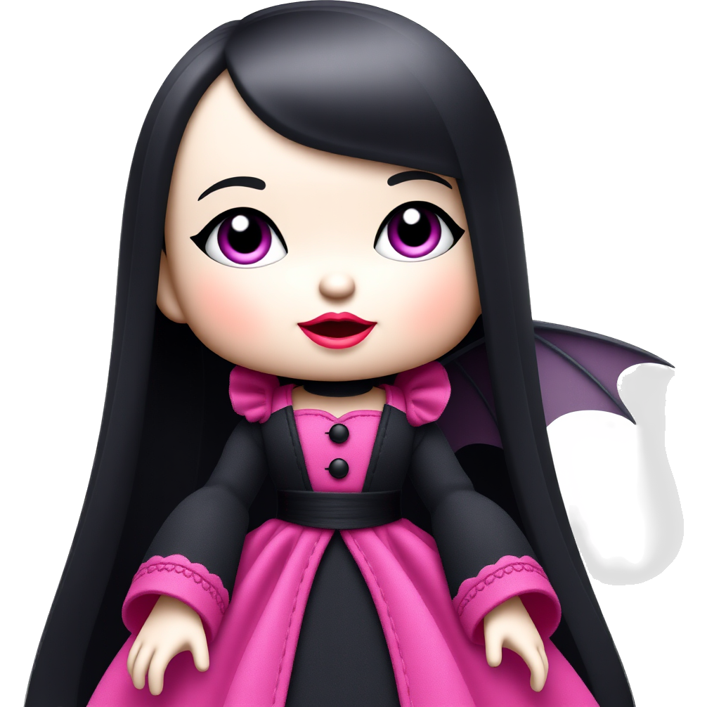 Cute tall girl Vampire doll with fangsin a cute pink and black dress with long black hair and pink and purple eyes