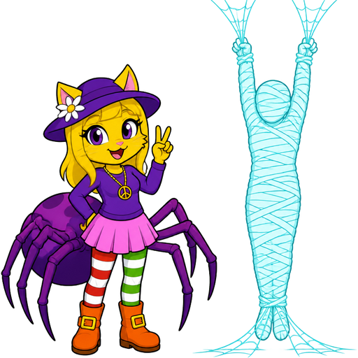 Yellow cat anthro with purple eyes blonde hair purple hat with white flower peace sign necklace purple long sleeved shirt pink skirt long red white green socks orange boots with yellow buckles drider hybrid next to #B8FFFF mummified completely covered human shaped cocoon completely covered hanging on the ceiling by wrists tied up with #B8FFFF spider webs and ankles tied up with #B8FFFF spider webs on the floor