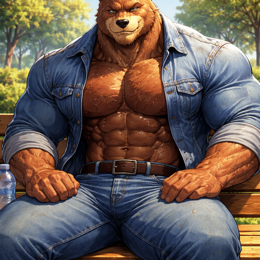 A Full BODY and FACE of a Muscular and Buff and a Gigantically Muscular with Chunky Gigantic Pecs AND biceps and a BIGGER head with the Perfect Waist. VERY Masculine and handsome Anime Bara Furry Grizzly Bear with a Very Good-looking and Mature Face and brown eyes with a wrestler type body. Wearing a Baggy and normal sized Buttoned up Jean jacket and Jeans with his jacket. Drenched in sweat. At a Bench at the park