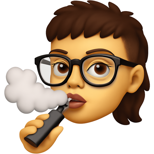 A girl with dark brown mullet with shaved sides, thick eyebrows, big lips, brown eyes and thick glasses and she is vaping e-cigarette