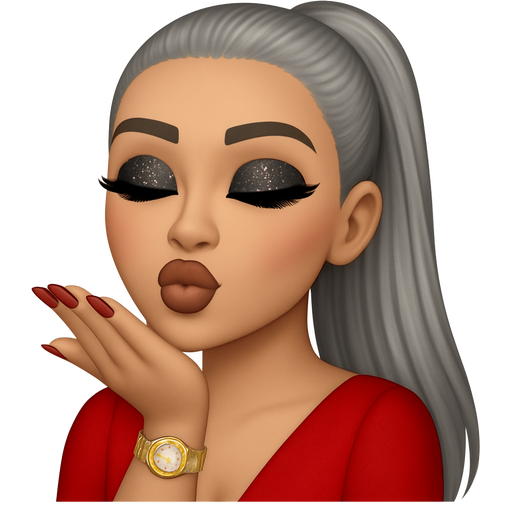 thin face ,bold-lashes with a redd open dress with black glitter eyeshadow .rose chicks and nude dark brown lips with French nails and brown eyes and silver ponytail long hair with long red nails wearing Rolex with red rubies thin gray eyebrows givin kisses