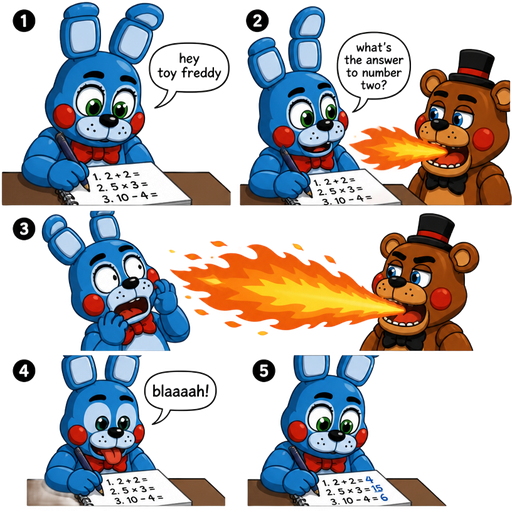 toy bonnie writing with pen doing maths 1hey toy freddy 2 what's the answer to number two? 3( toy freddy breaths fire out his mouth) toy bonnie okay 4 blaaaaah! writing with pen doing maths 5