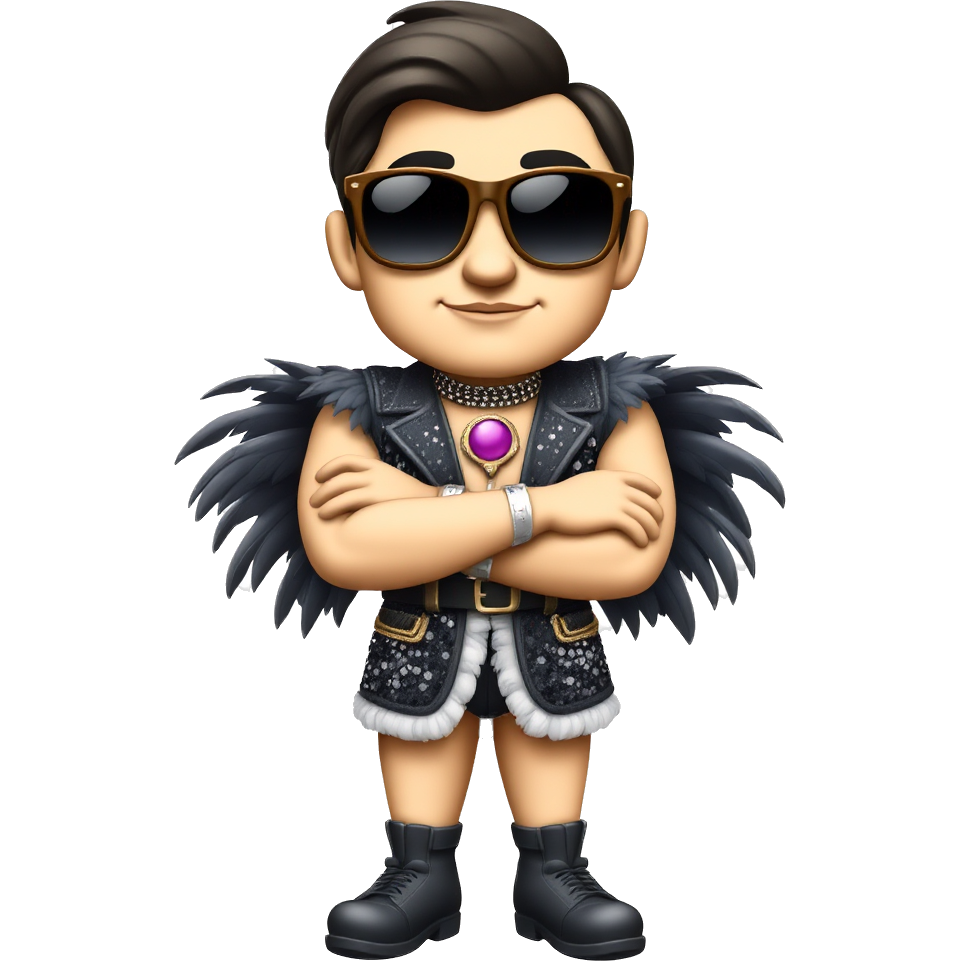 π€¦ββοΈβ¨π A sassy character with oversized sunglasses and a dramatic flair, crossing their arms while standing on a stage. Their outfit is a dazzling mix of sequins and feathers, adding a humorous twist to their eye-rolling expression, as they mock the drama unfolding around them.