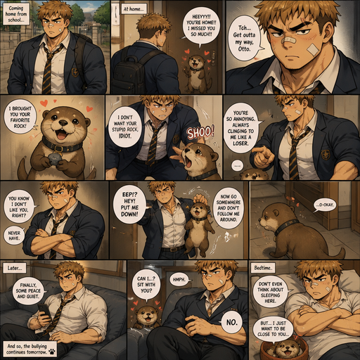 Comic book story about of a Bulky and Beefy and every Muscle is bigger than average and less shredded or muscular with Chunky and Bulky chest and Biceps and his defined abs ANIME Cute Bara Man American 20 year old with a ROUND and BASIC facial structure and Young Adult BARA CUTE that is Peach Toned skin not anything else MALE not to detailed With bigger than average Pecs that are visible through the shirt and Biceps but slim and Athletic Lower body that makes have a V-Tapper Lower Body and a big Bandaid on his nose and Left Cheek and Right Eye brow with Scars all over his Chest and arms. Wearing a no piercings Wearing a baggy School Uniform and tie with Blazar and Pants and yellowish Brown Hair and Bright Light Brown fluffy Hair and Strait with brown eyes and black eyebrows with a Three finger Slash on his Eyebrow. With no Facial Hair. Coming home from School with his Pet Otter that has a Collar and has a Huge Crush on him but he doesn’t like the otter back, at his house waiting at the door and excessively Bullies it all day