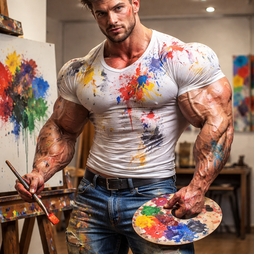 A full body view of a picture of a Real life Gigantically Buff and Hunky Artist with Big Arms and Big Chest. Spiked Hair. Wearing a White Shirt that is a little bit short around the waist. with Paint Splotches everywhere