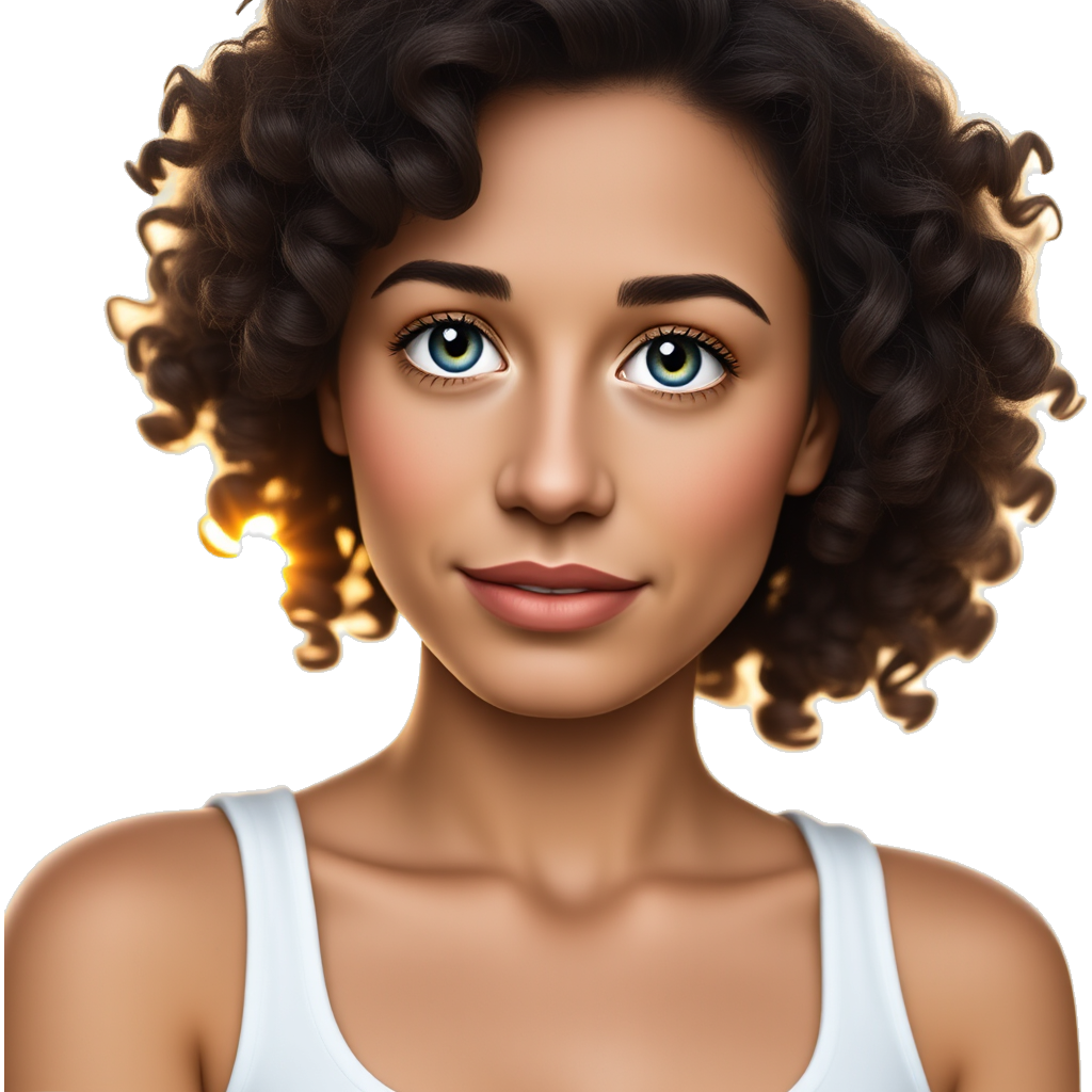 "Blue-eyed brunette with curly hair, thin eyebrows, tan lips, wearing a white tank top, soft sunset background."